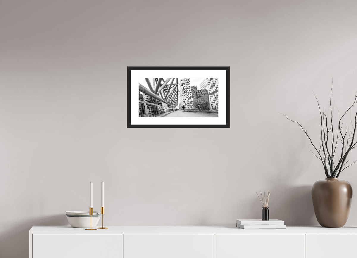 50 x 25 cm, Hahnemühle Photo Rag, Frame 20mm black, Passepartout white, Front glass matt DIALOG - BARCODE I - Oslo