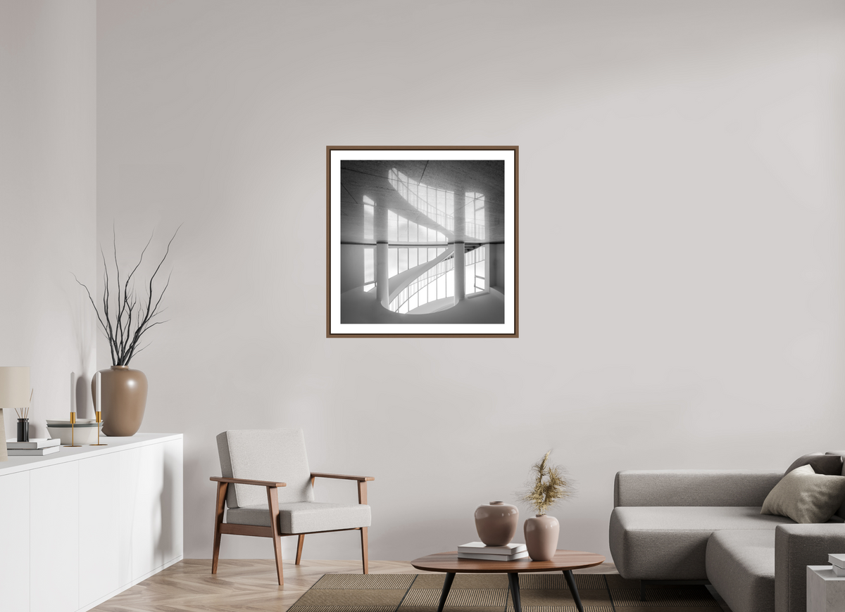 80 x 80 cm, AluDibond, matt, floating frame 15mm walnut HARMONY - VERTATUR BW II - Frankfurt