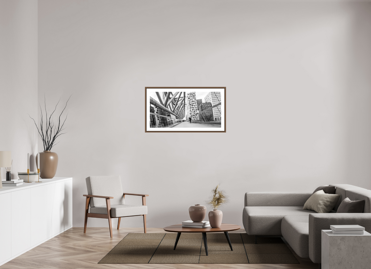 100 x 50 cm, AluDibond, matt, floating frame 15mm walnut DIALOG - BARCODE I - Oslo