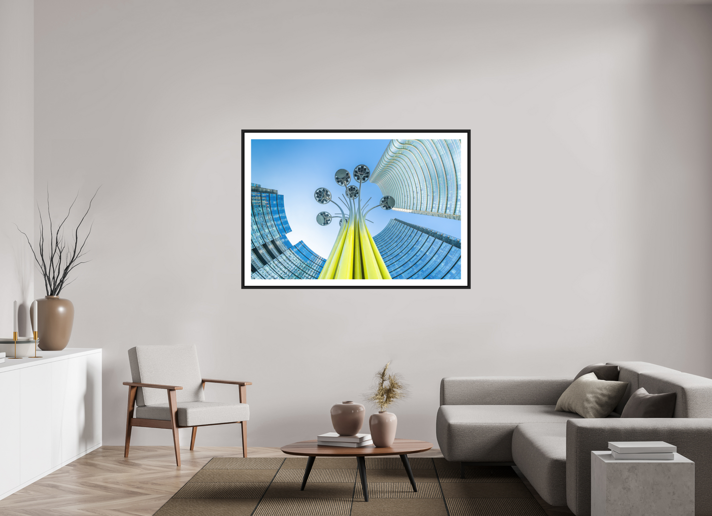 150 x 100 cm, AluDibond, matt, floating frame 15mm black PERSPECTIVES - FLOWER AND TOWER - Mailand