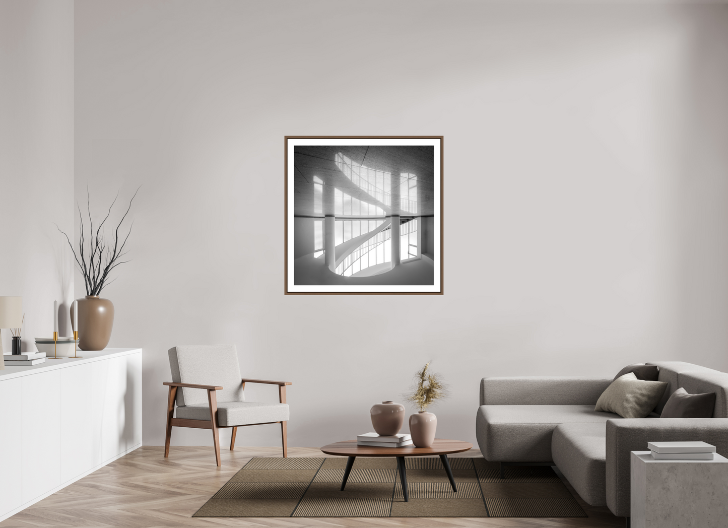 100 x 100 cm, AluDibond, matt, floating frame 15mm walnut HARMONY - VERTATUR BW II - Frankfurt