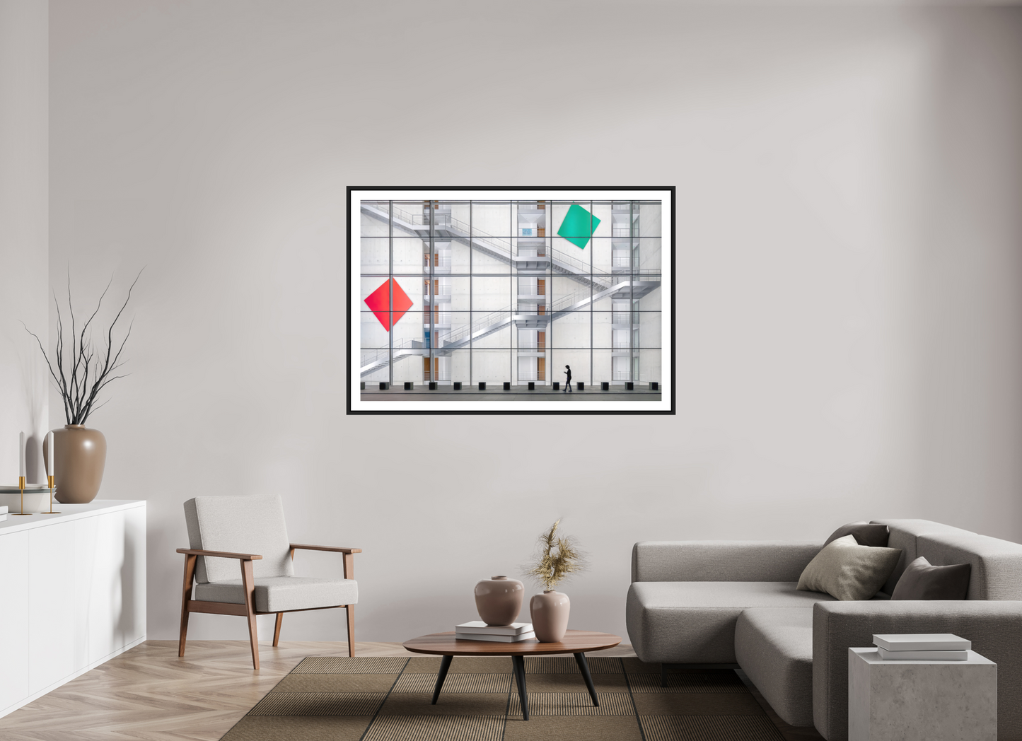 150 x 100 cm, AluDibond, matt, floating frame 15mm black MAGIC - WOMAN AND STAIRS IV - Berlin