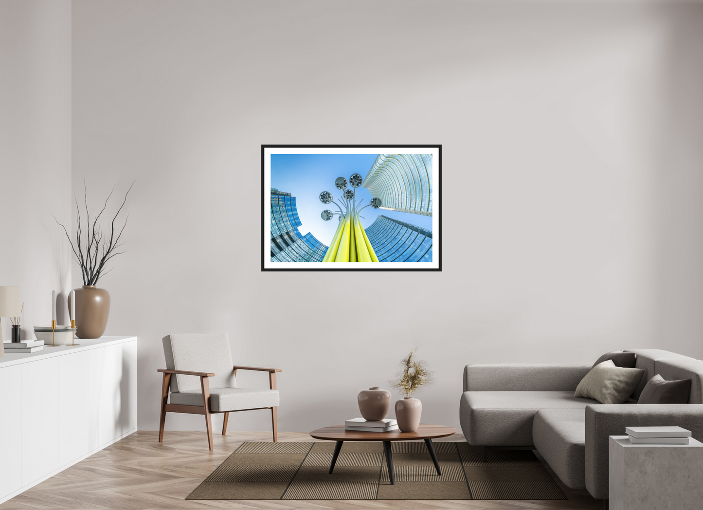 120 x 80 cm, AluDibond, matt, floating frame 15mm black PERSPECTIVES - FLOWER AND TOWER - Mailand