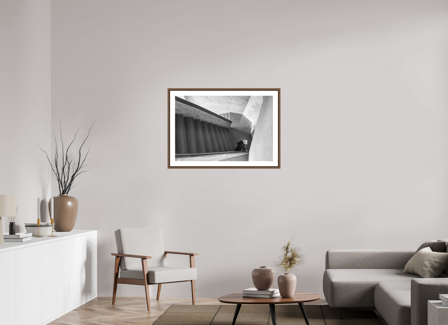 90 x 60 cm, AluDibond, matt, floating frame 15mm walnut WOMAN AND STAIRS III