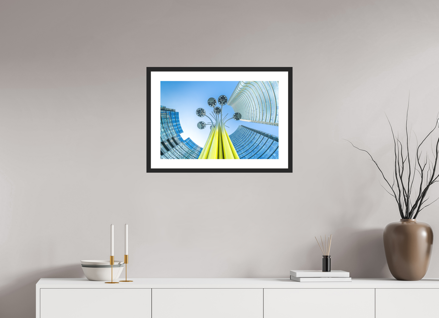 60 x 40 cm, Hahnemühle Photo Rag, Frame 20mm black, Passepartout white, Front glass matt PERSPECTIVES - FLOWER AND TOWER - Mailand