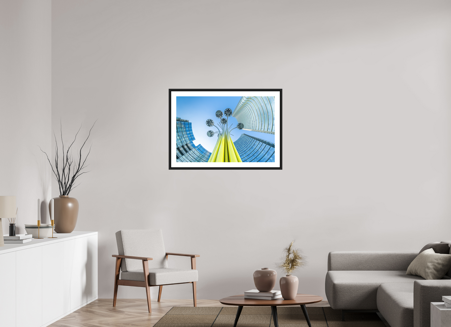 90 x 60 cm, AluDibond, matt, floating frame 15mm black PERSPECTIVES - FLOWER AND TOWER - Mailand