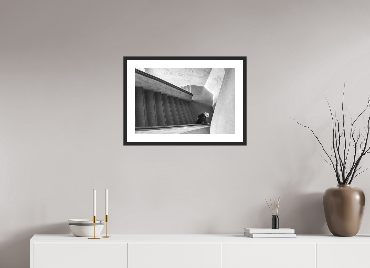 60 x 40 cm, Hahnemühle Photo Rag, Frame 20mm black, Passepartout white, Front glass matt WOMAN AND STAIRS III