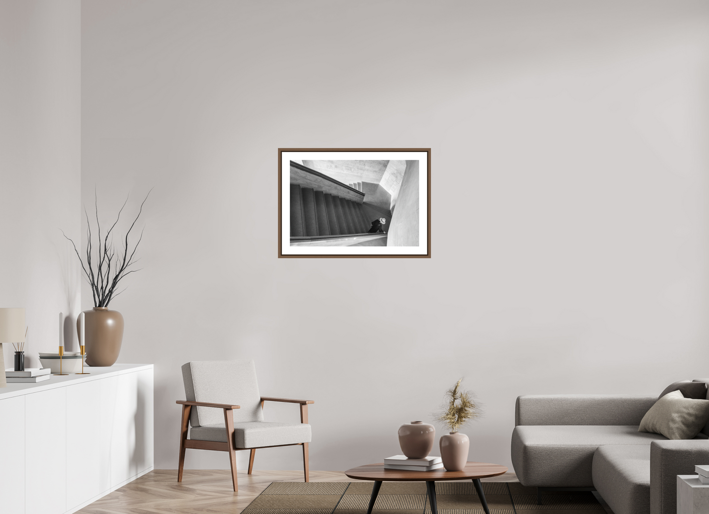 75 x 50 cm, AluDibond, matt, floating frame 15mm walnut WOMAN AND STAIRS III