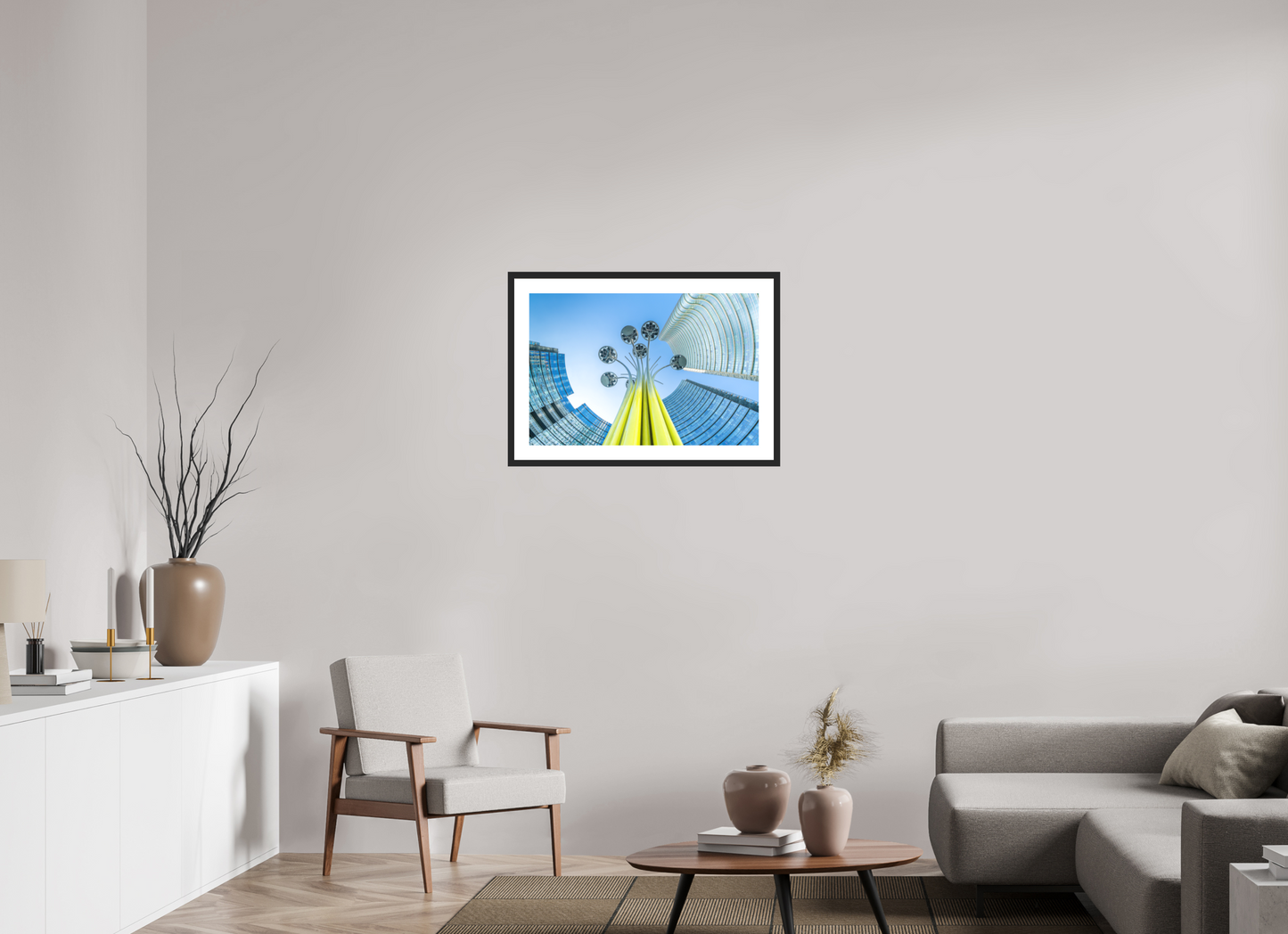 75 x 50 cm, Hahnemühle Photo Rag, Frame 20mm black, Passepartout white, Front glass matt PERSPECTIVES - FLOWER AND TOWER - Mailand