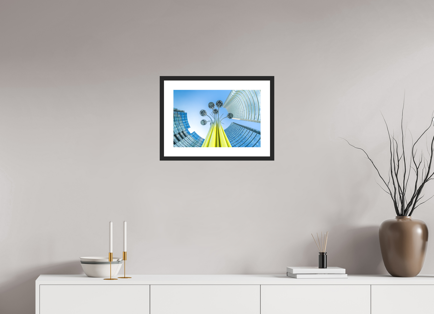 45 x 30 cm, Hahnemühle Photo Rag, Frame 20mm black, Passepartout white, Front glass matt PERSPECTIVES - FLOWER AND TOWER - Mailand