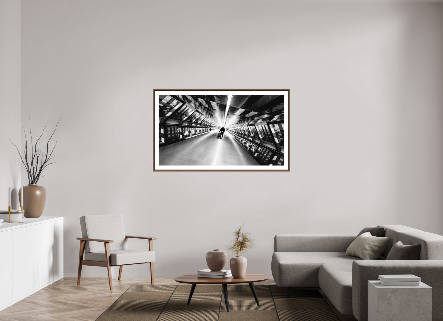 144 x 81 cm, AluDibond, matt, floating frame 15mm walnut THE LONESOME TRAVELER i