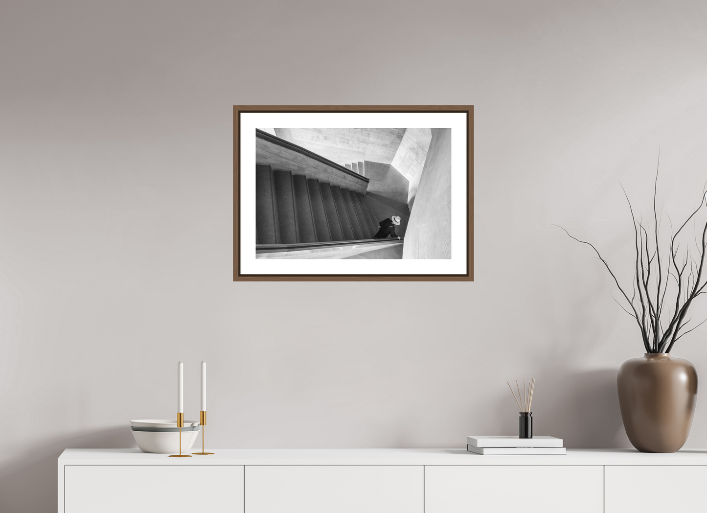 60 x 40 cm, AluDibond, matt, floating frame 15mm walnut WOMAN AND STAIRS III